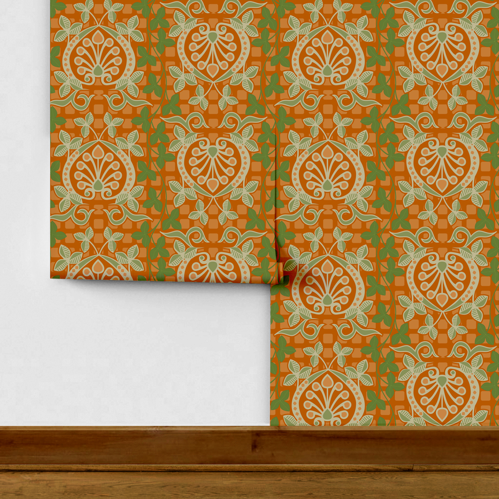 Pomegranate is a seamless repeating pattern featuring stylized heart-shaped floral motifs. Each motif has a central symmetrical design with curling tendrils and small circular shapes radiating from a rounded base. Surrounding these heart-shaped forms are pale green leaves and vines that interlock smoothly, creating an intricate lattice effect. The background is a deep blue, enriched by a subtle checkerboard texture that adds depth and contrast. The overall composition is balanced and harmonious, with elegant curves and a vintage aesthetic reminiscent of traditional textile designs. The dominant colors are dark blue, olive green, and muted beige, highlighting the natural and ornamental qualities of the pattern.